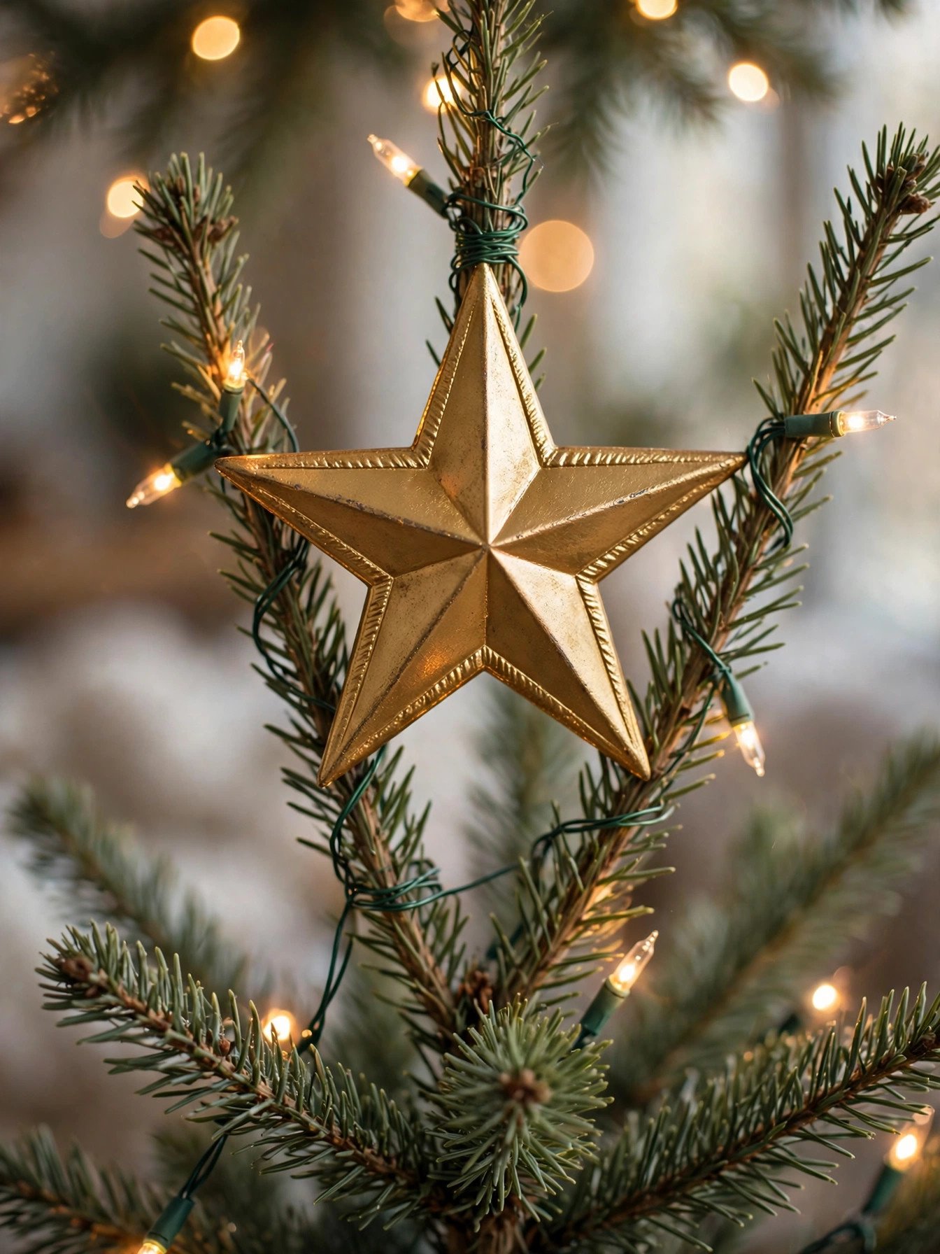 Gold star tree topper secured with floral wire to upper branches
