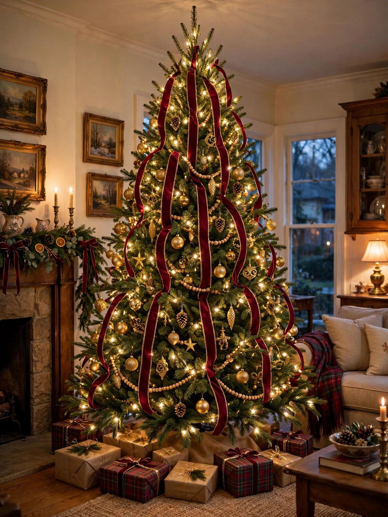Burgundy ribbon cascading vertically down a decorated Christmas tree