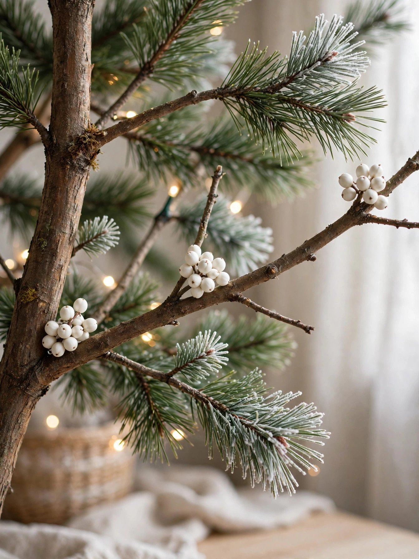 Berry and pine floral picks inserted at angles into a Christmas tree