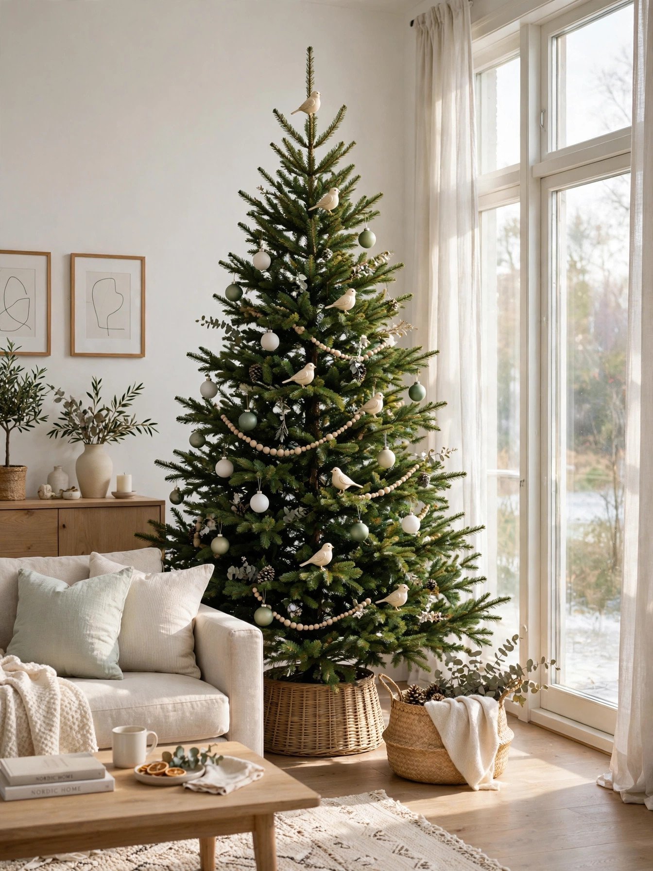 Seven small bird accents evenly spaced on a seven-foot Christmas tree
