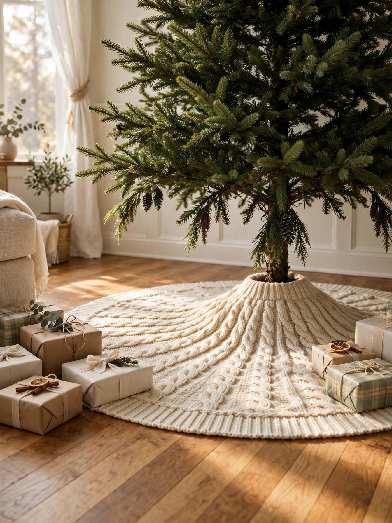 Cream knit tree skirt sized to hide the stand of a seven-and-a-half-foot tree