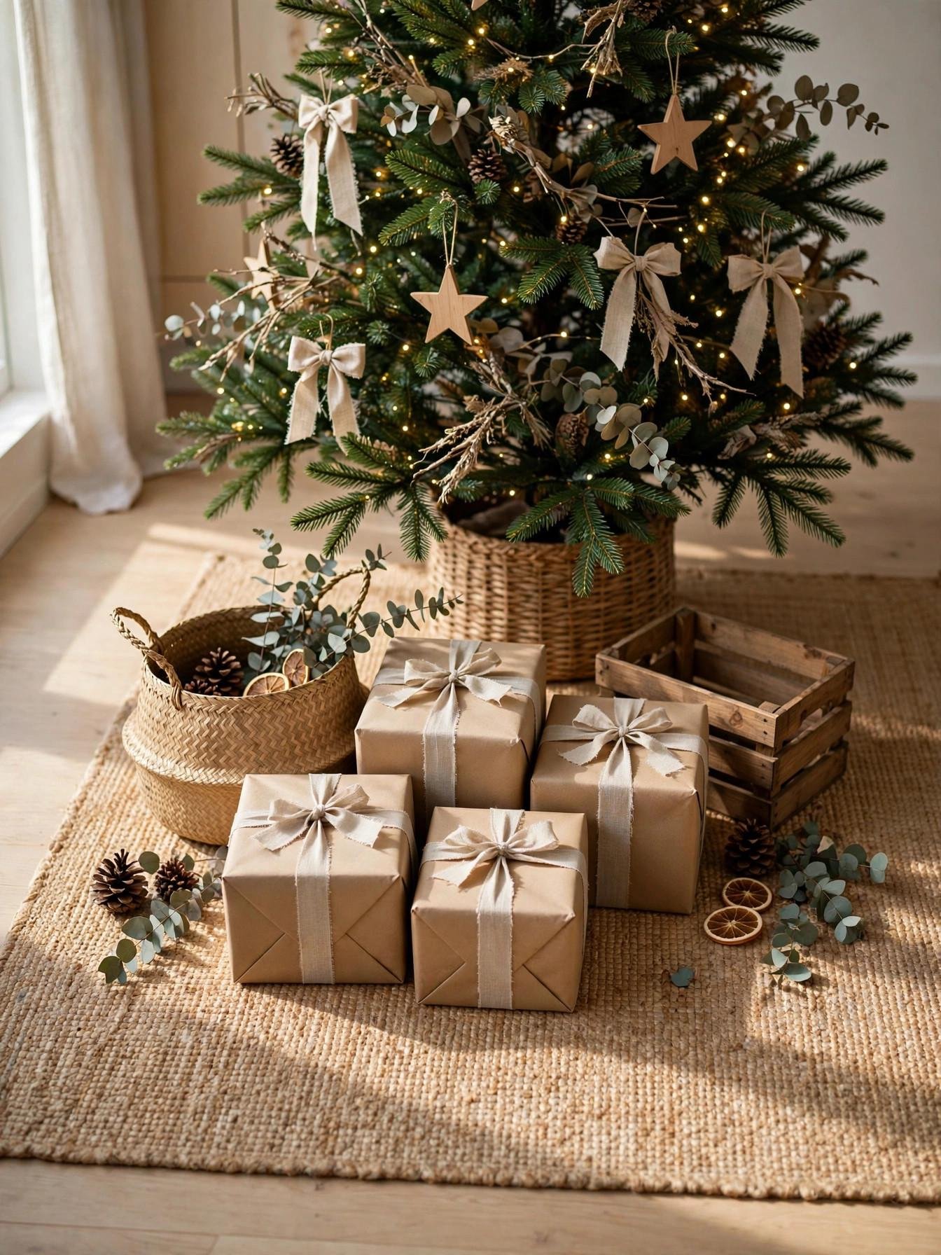 Wrapped gifts, basket, and crate styled around the base of a Christmas tree