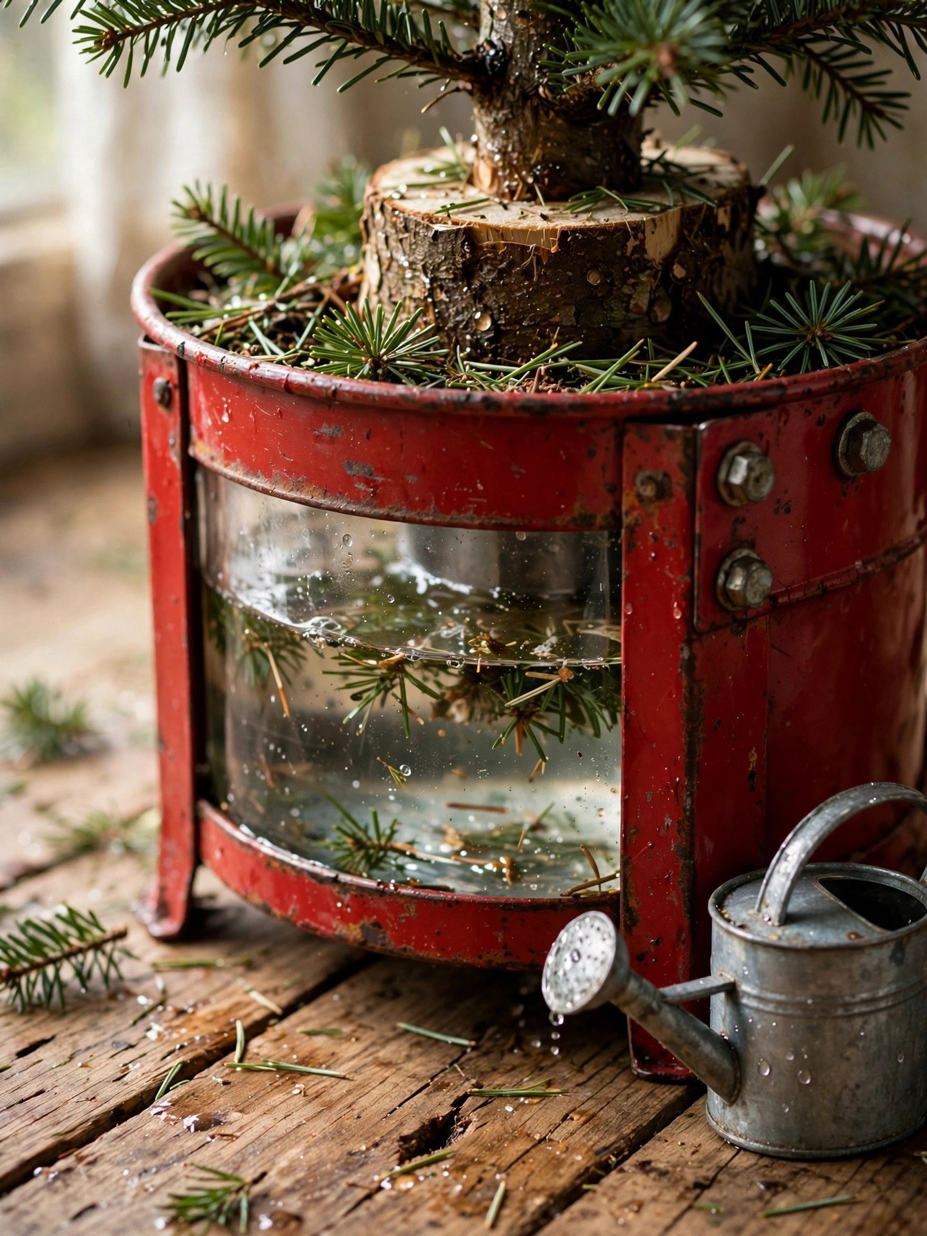 Water level in the stand of a fresh-cut Christmas tree being checked
