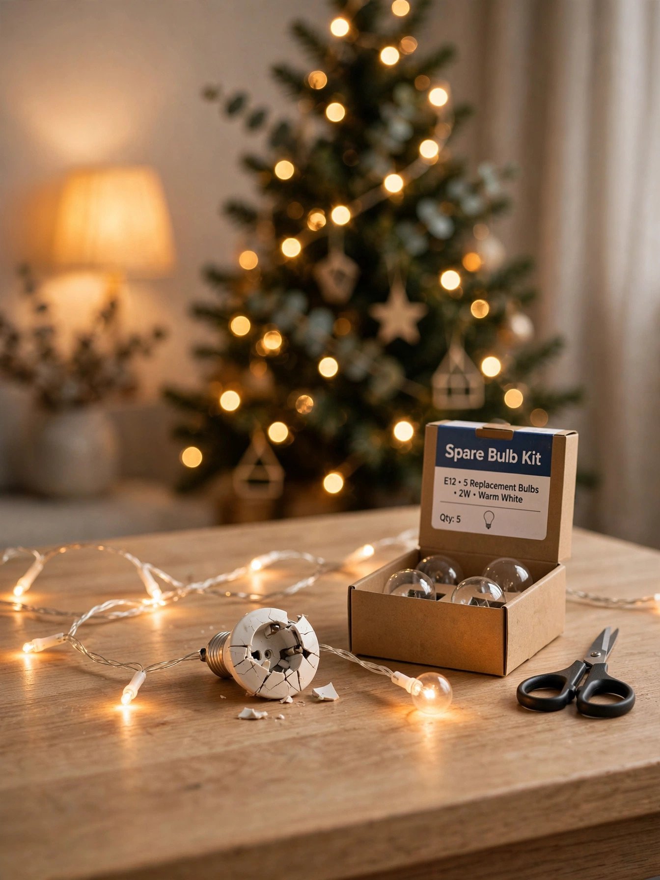 Christmas light strand inspected for cracked sockets and frayed cords