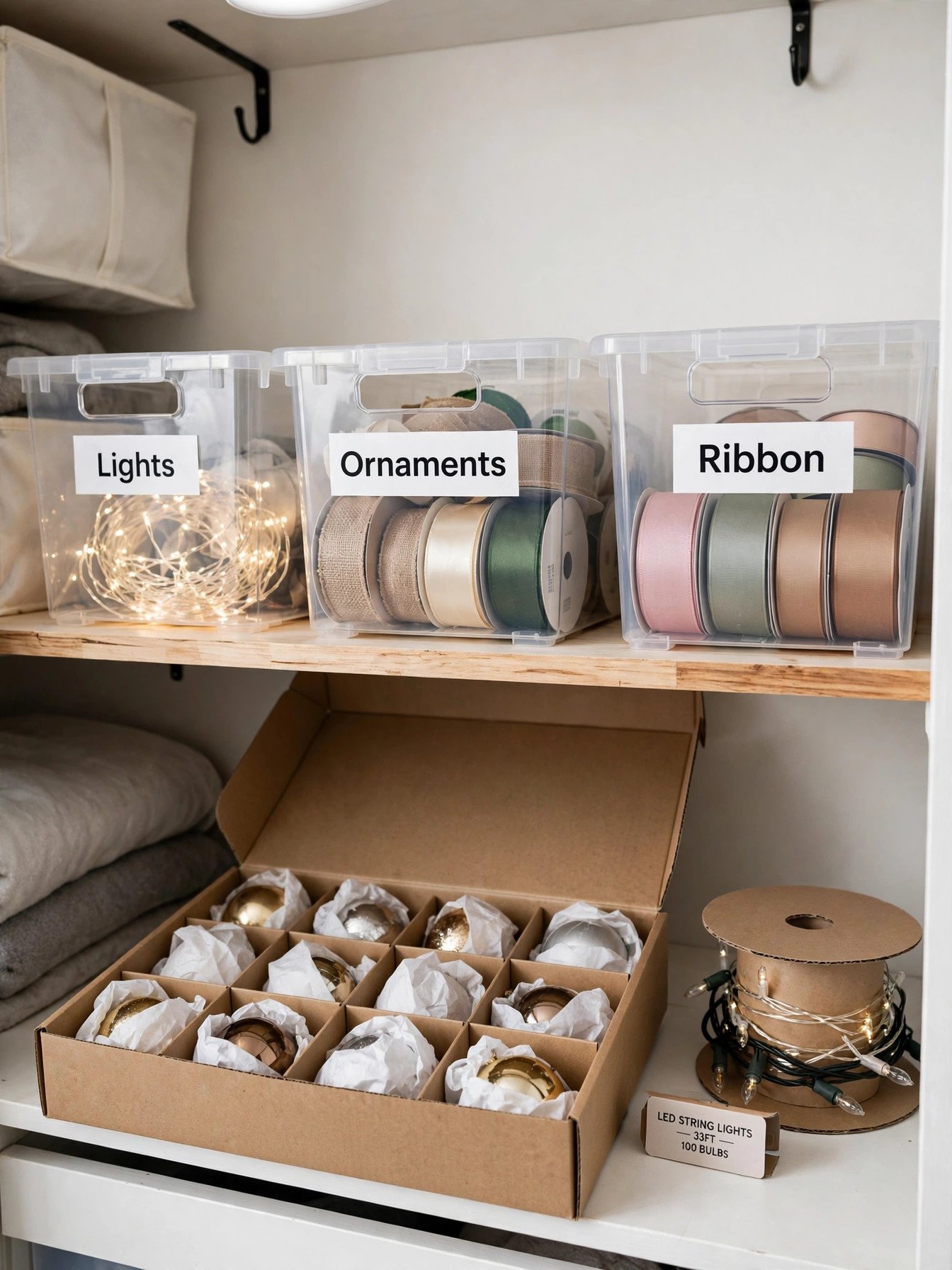 Labeled storage bins and divided ornament box for Christmas tree decorations