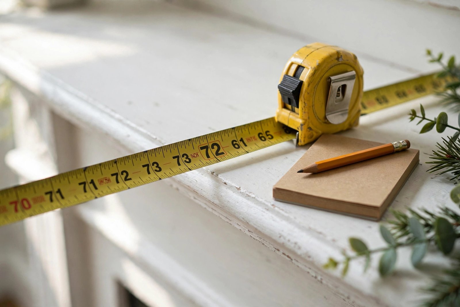 Tape measure stretched along a white mantel edge before buying Christmas garland