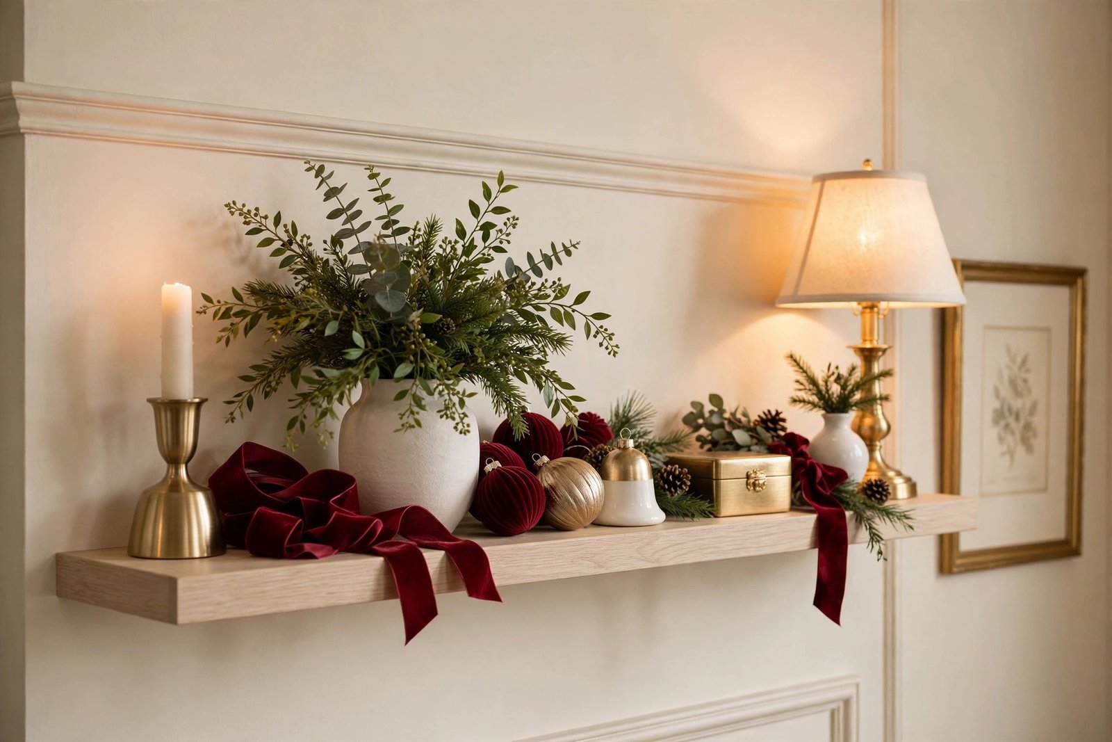 Shelf vignette in a red, white, and gold Christmas color palette