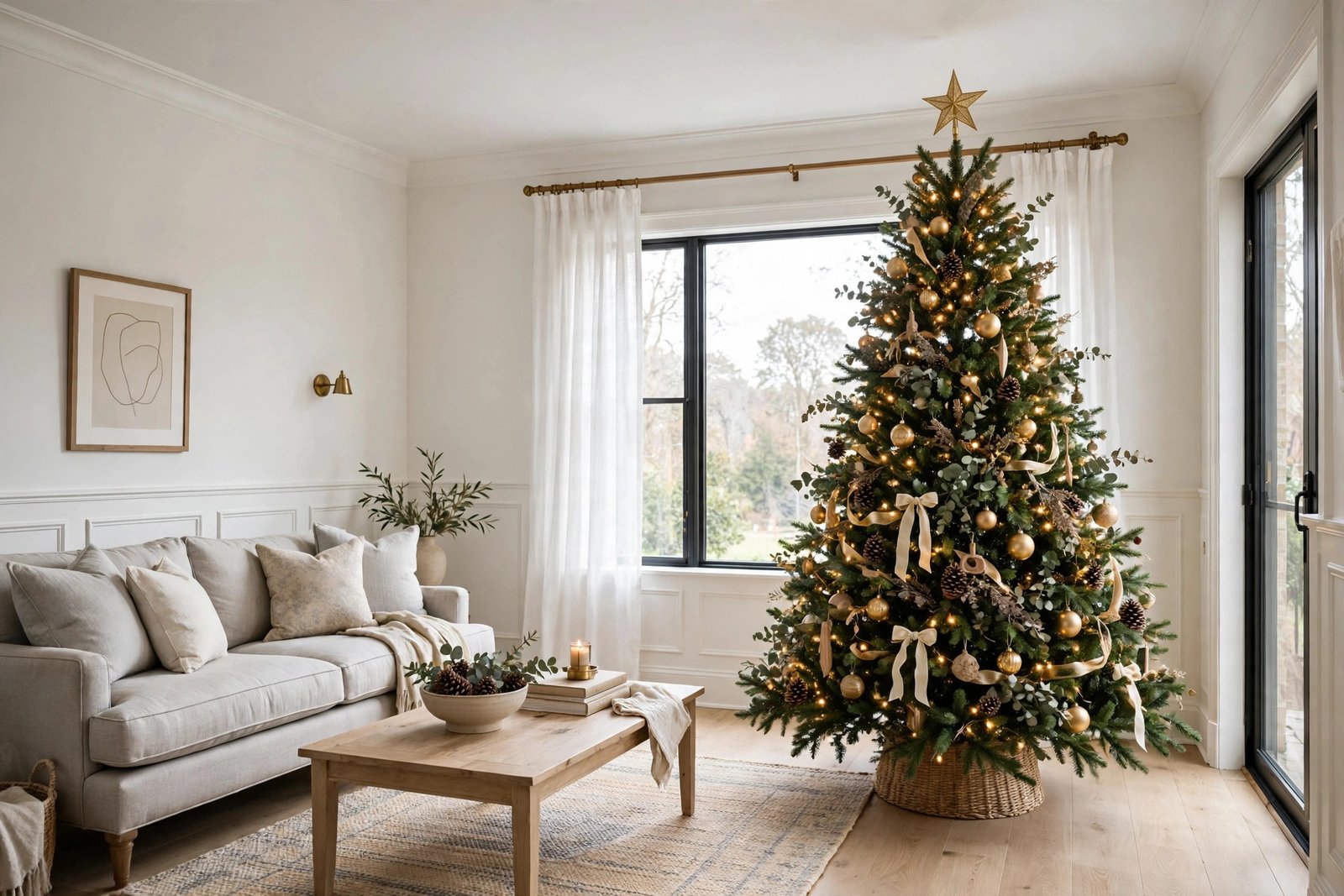 Seven-and-a-half-foot Christmas tree with clearance below a nine-foot ceiling