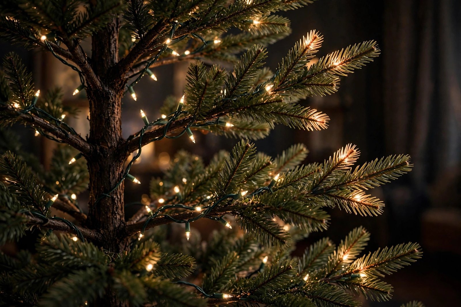 Warm white lights woven from the trunk outward inside a Christmas tree