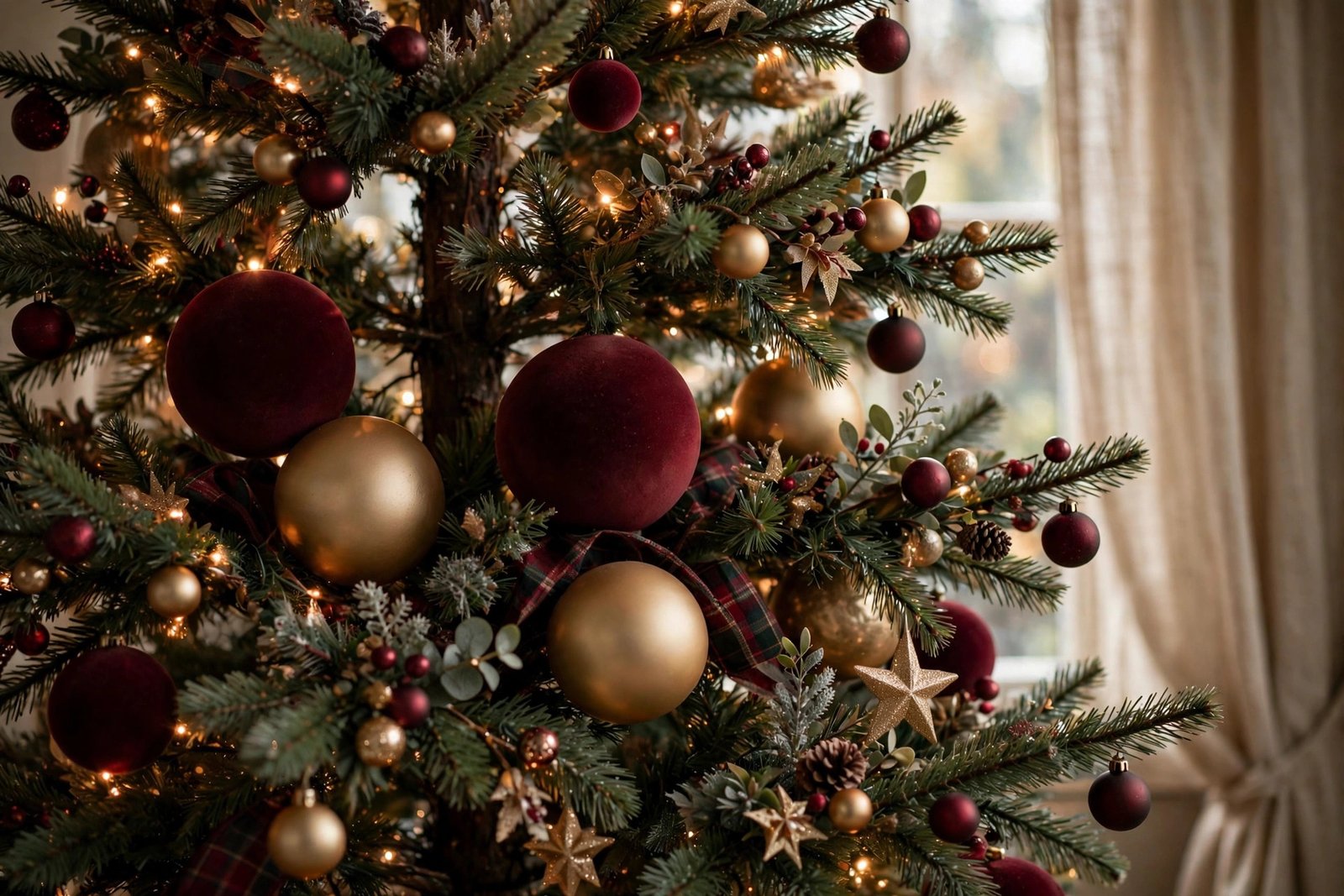 Large matte ornaments placed deep near a Christmas tree trunk