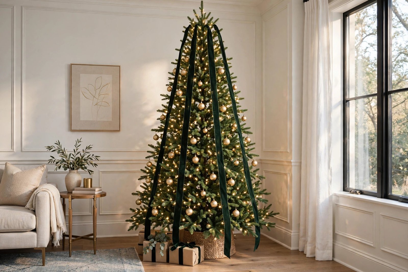 Green velvet ribbon in vertical cascades down a Christmas tree