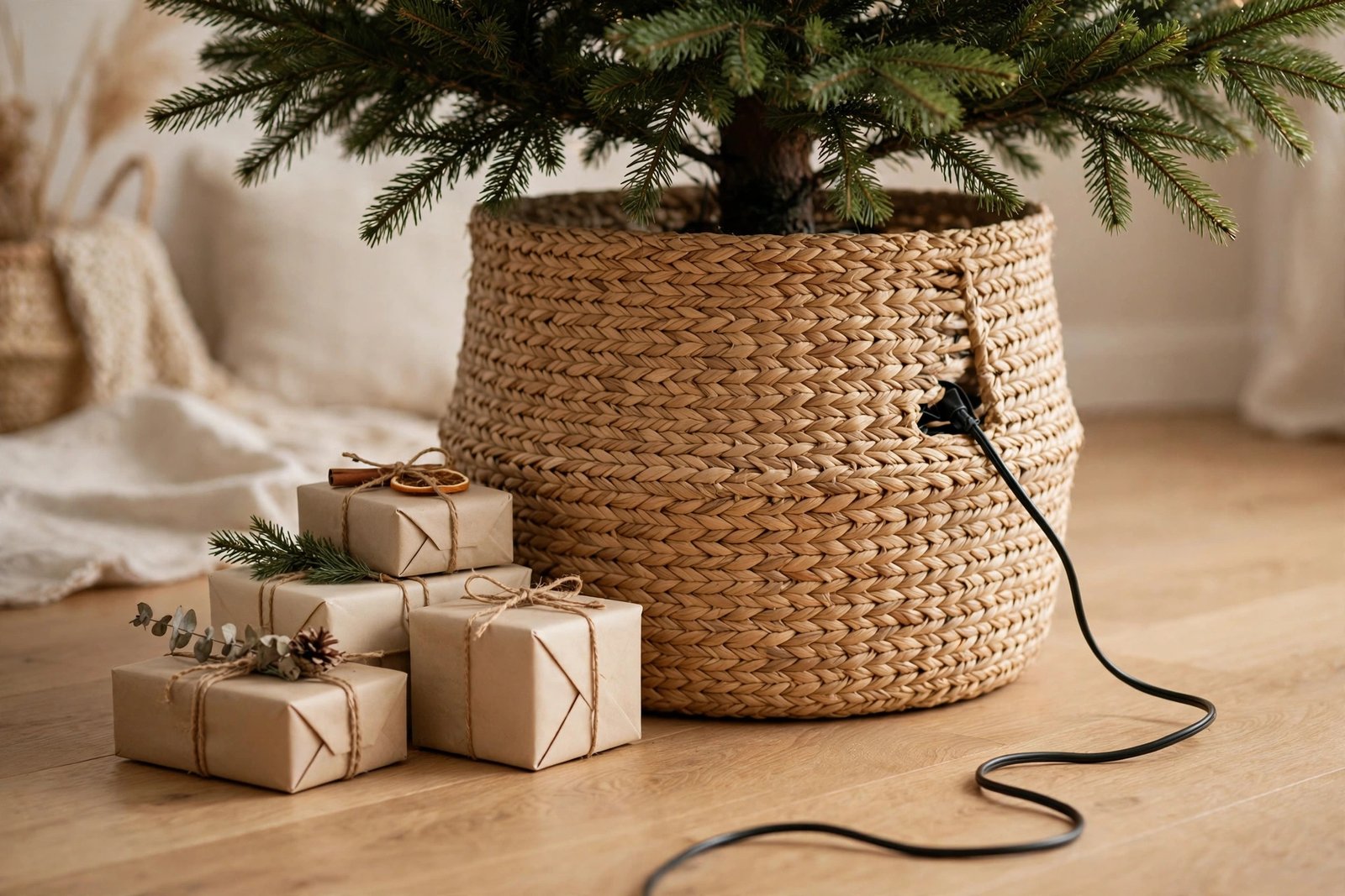 Seagrass basket hiding a Christmas tree stand