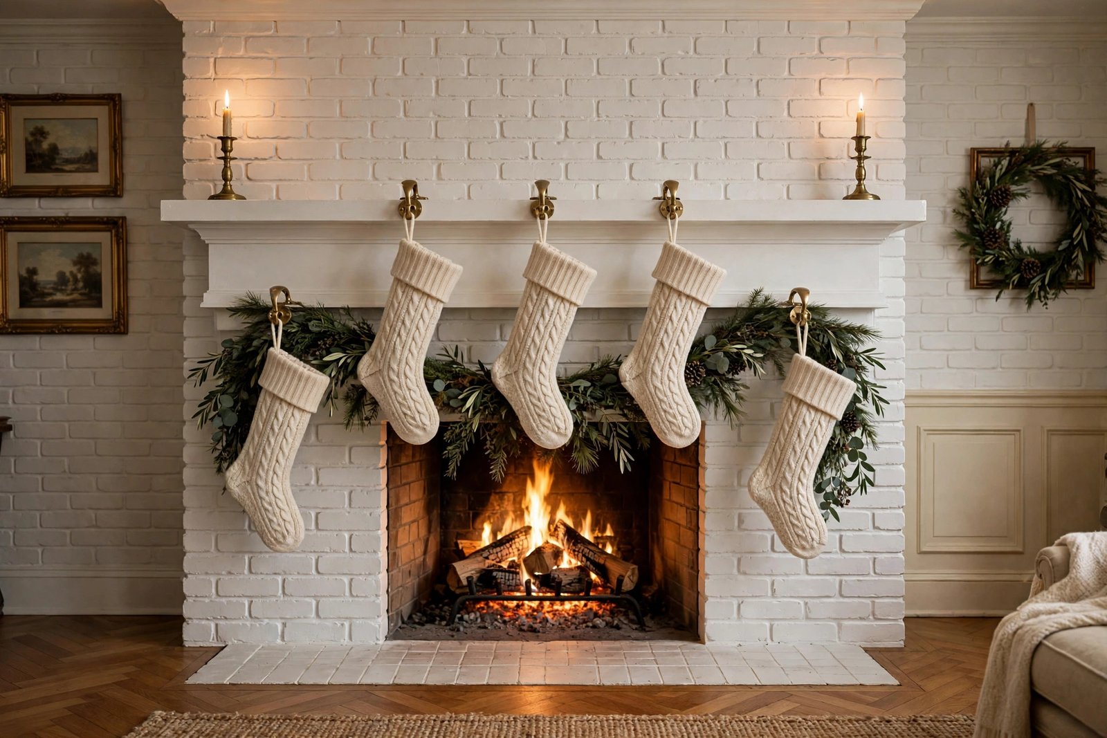 Five stockings hung at staggered heights along a white brick mantel