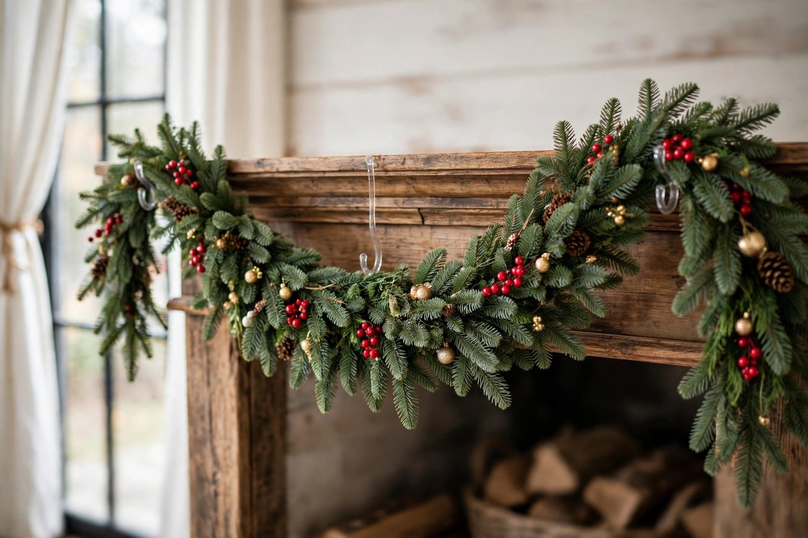 Loose noble fir garland swag draped across a wood mantel