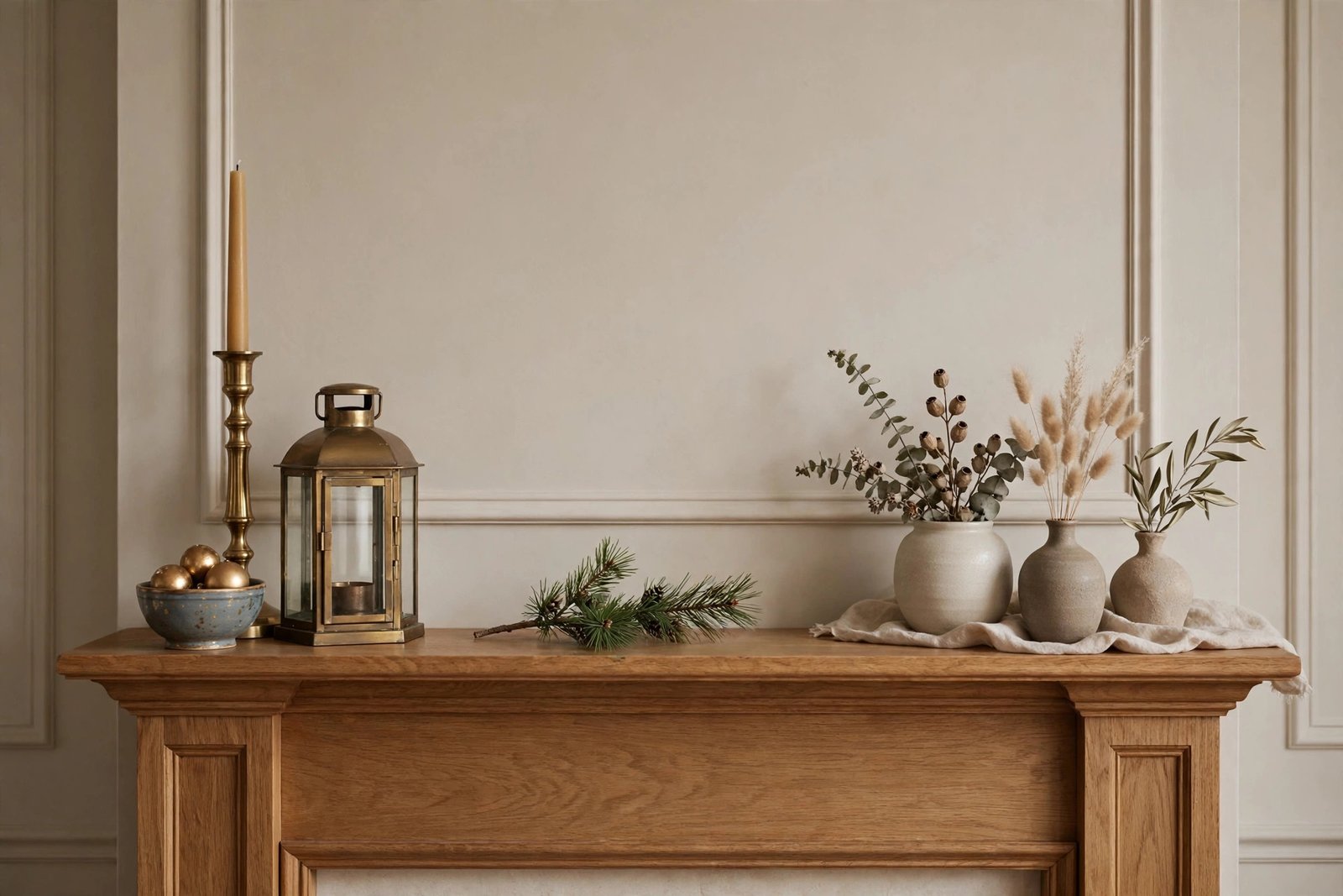 Odd-numbered groupings of candlesticks and lanterns on a Christmas mantel