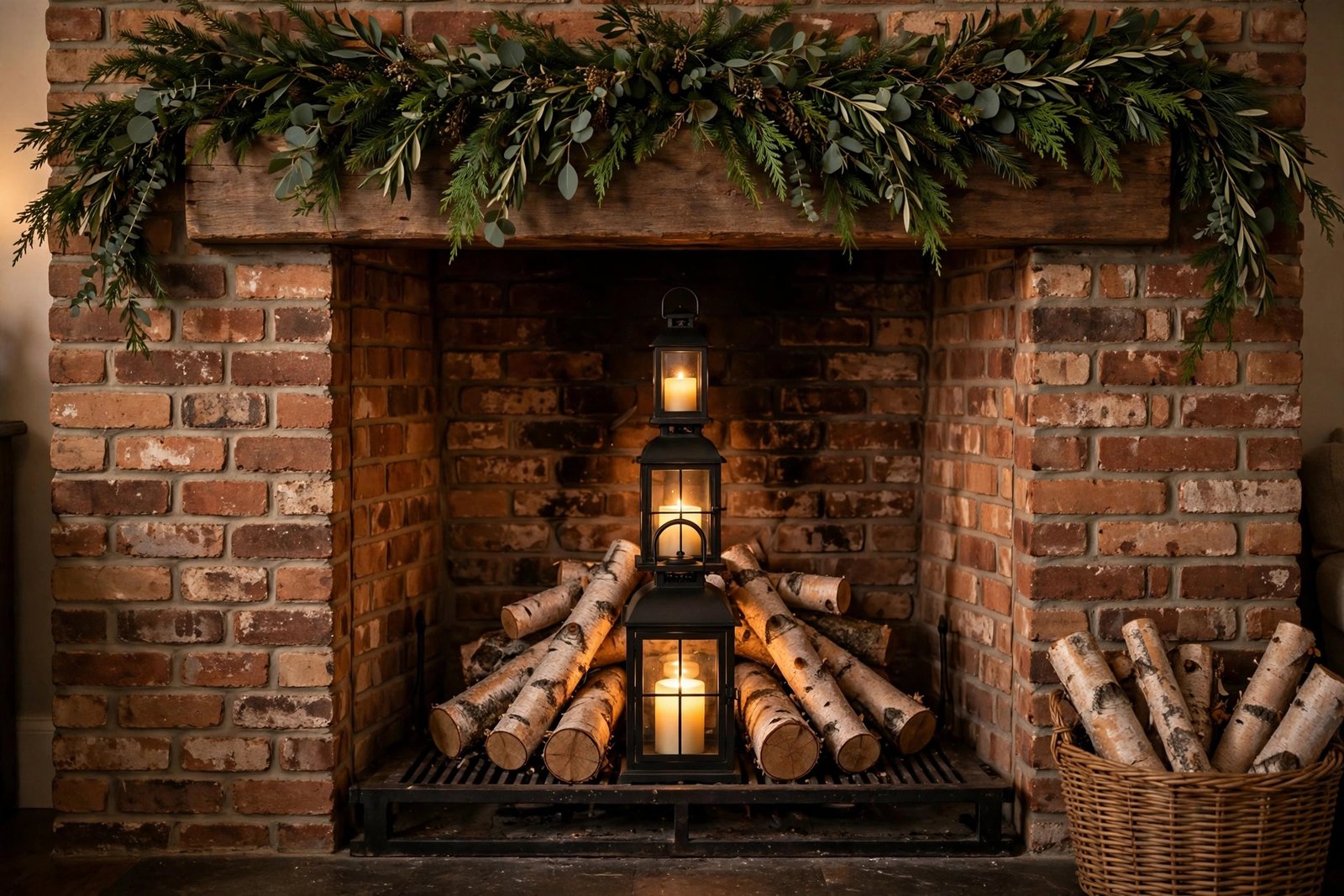 Lanterns and birch logs filling an unused fireplace for Christmas