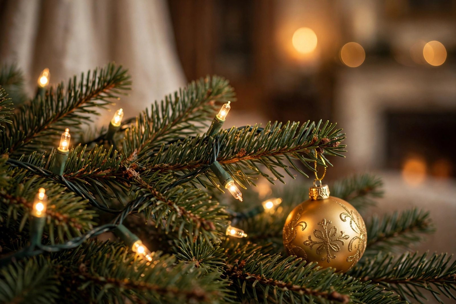 Warm white 2700K Christmas lights glowing on a fir branch