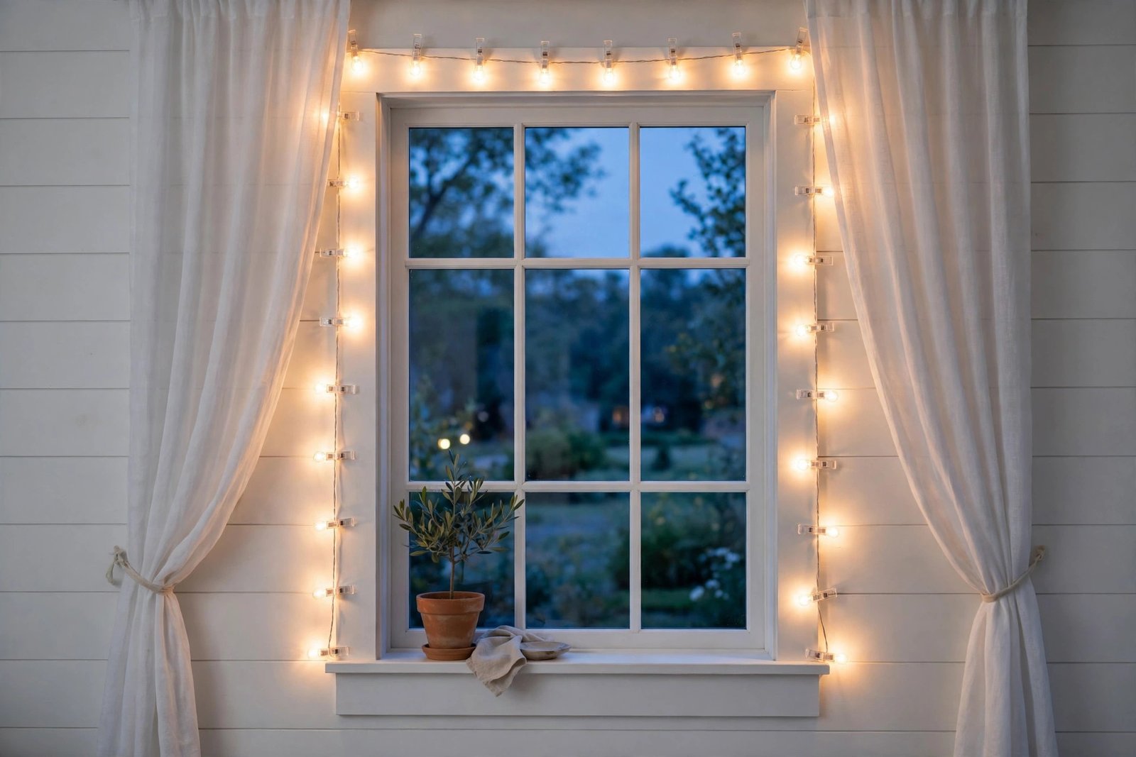 Warm white lights outlining a window frame with clear clips