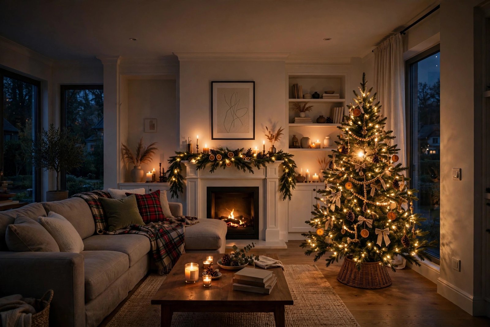 Dimmed living room lit mainly by a Christmas tree and candles