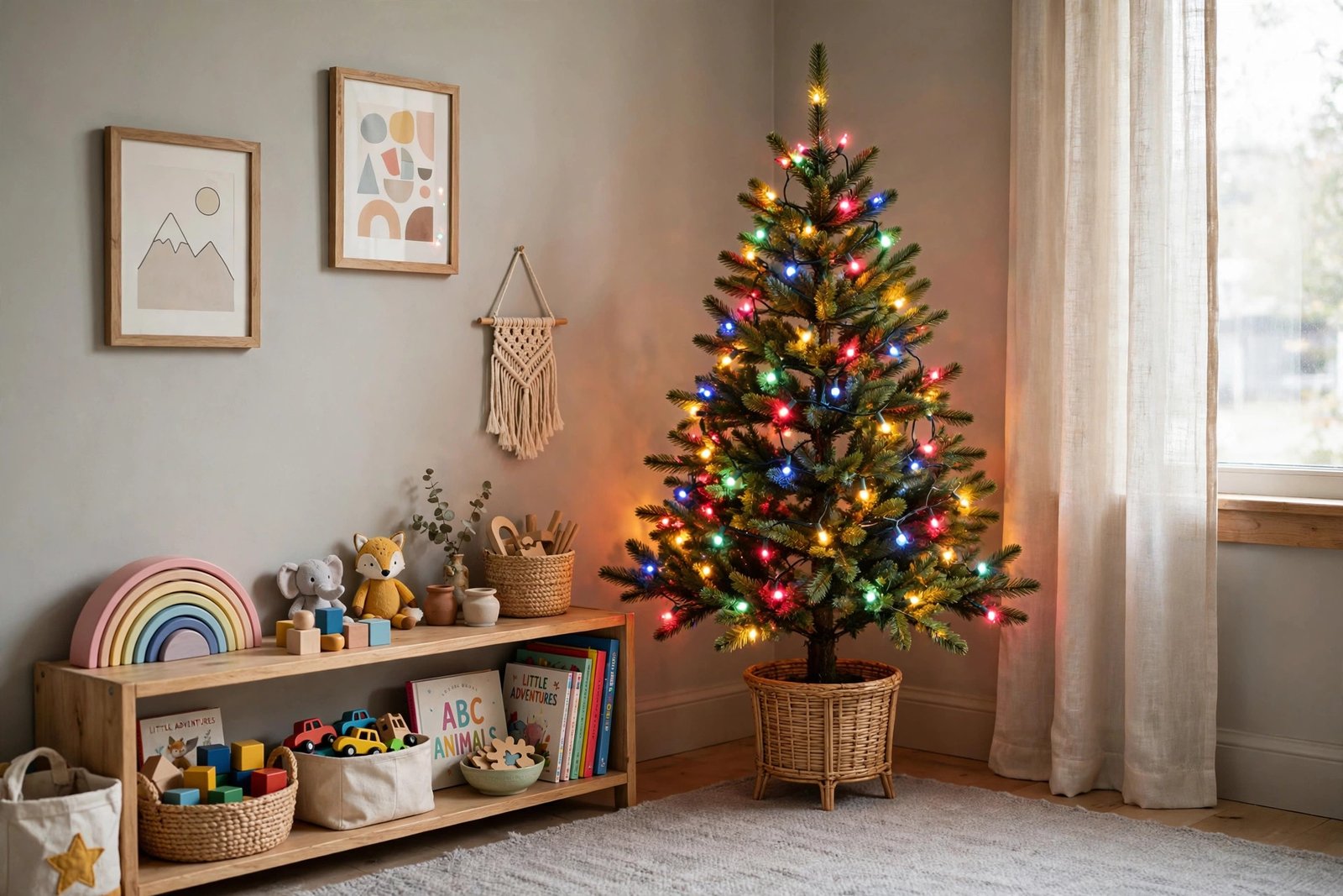 Small multicolor lit tree in a neutral playroom corner