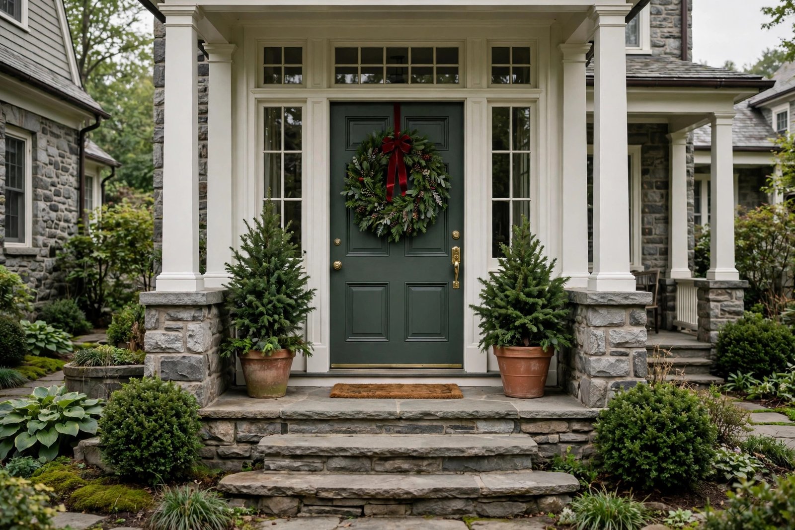 Fresh wreath centered at eye level on a green front door