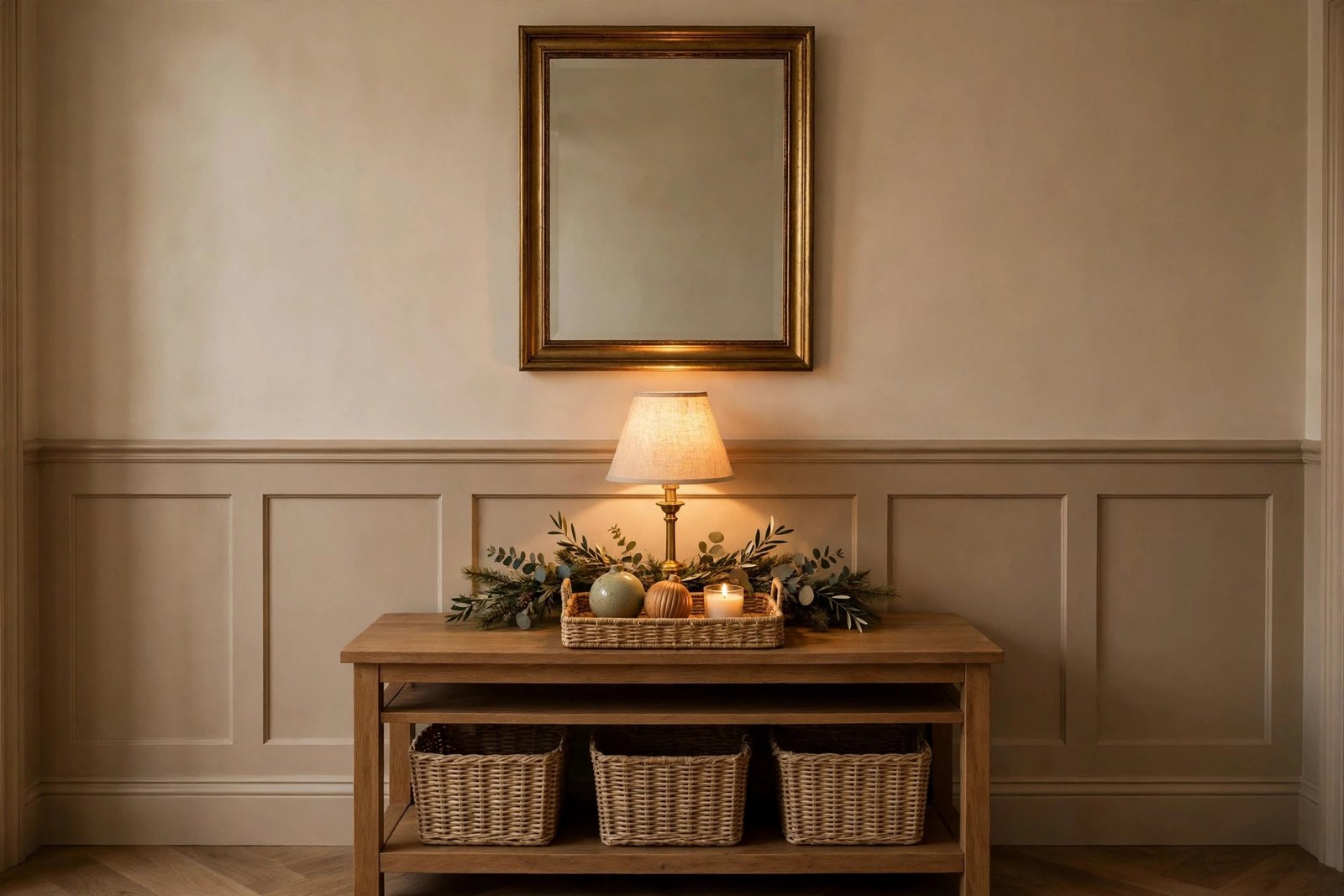 Three-layer Christmas vignette on an entryway console table