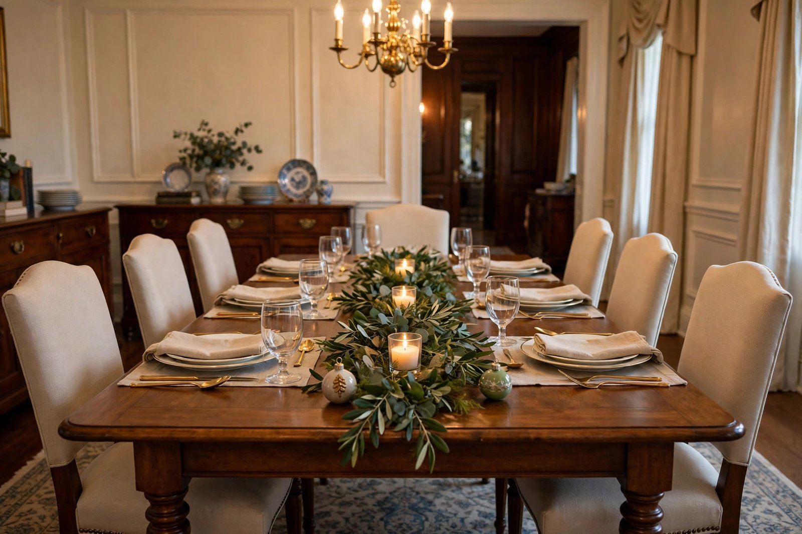 Low greenery and votive centerpiece on a Christmas dining table