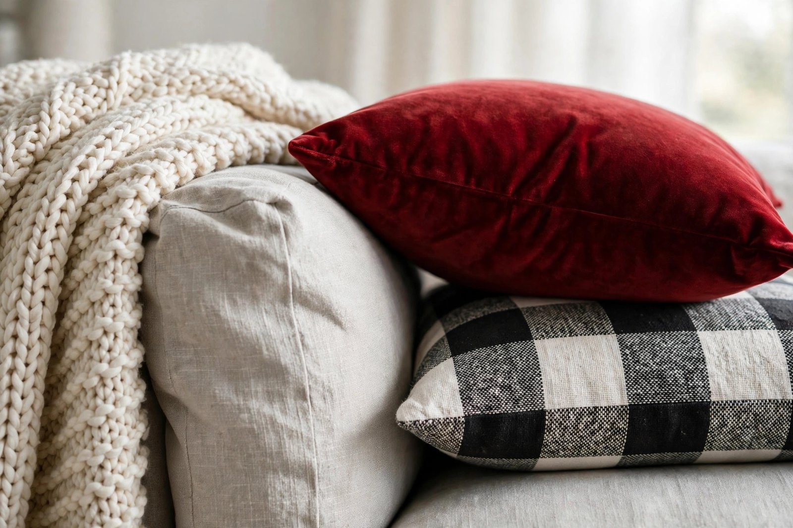 Velvet and buffalo-check holiday pillows on a gray sofa