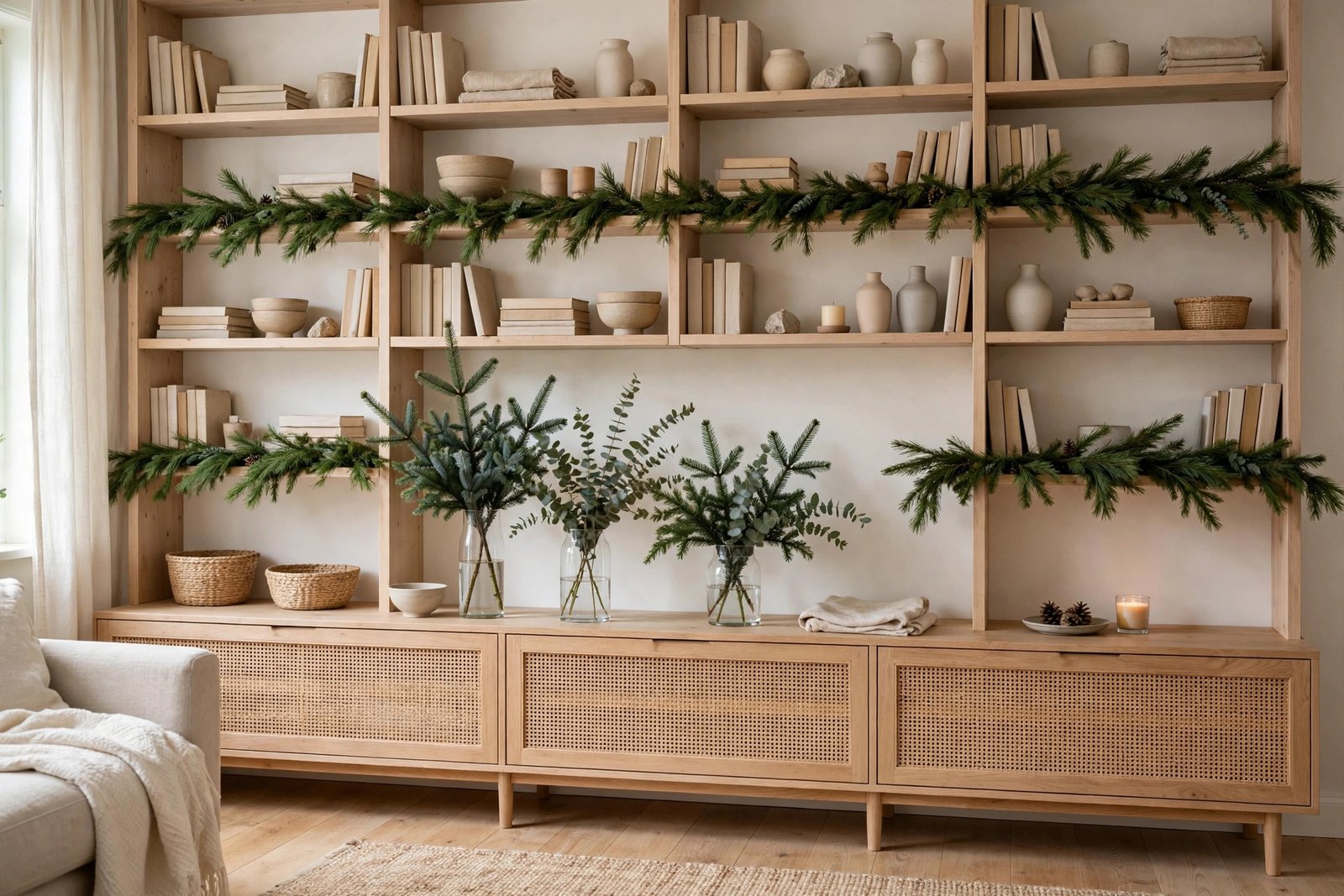 Vases of eucalyptus and noble fir on a bookshelf and console