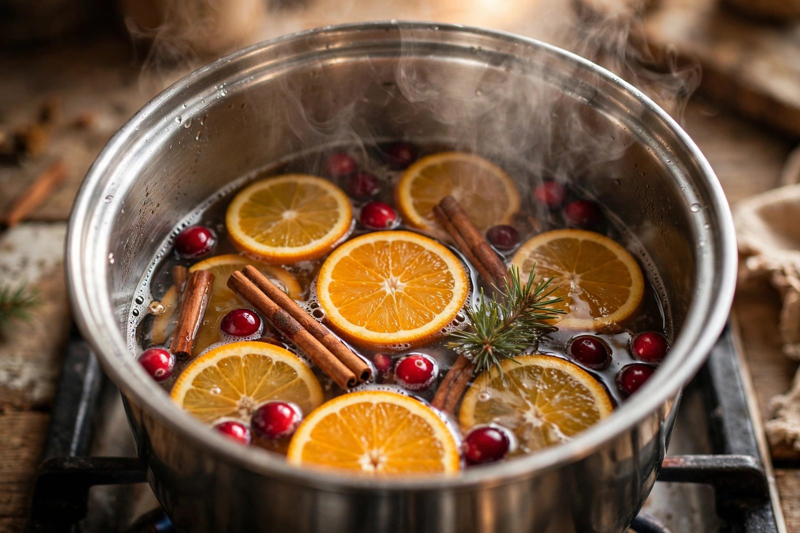 Simmer pot with orange slices, cinnamon sticks, and pine