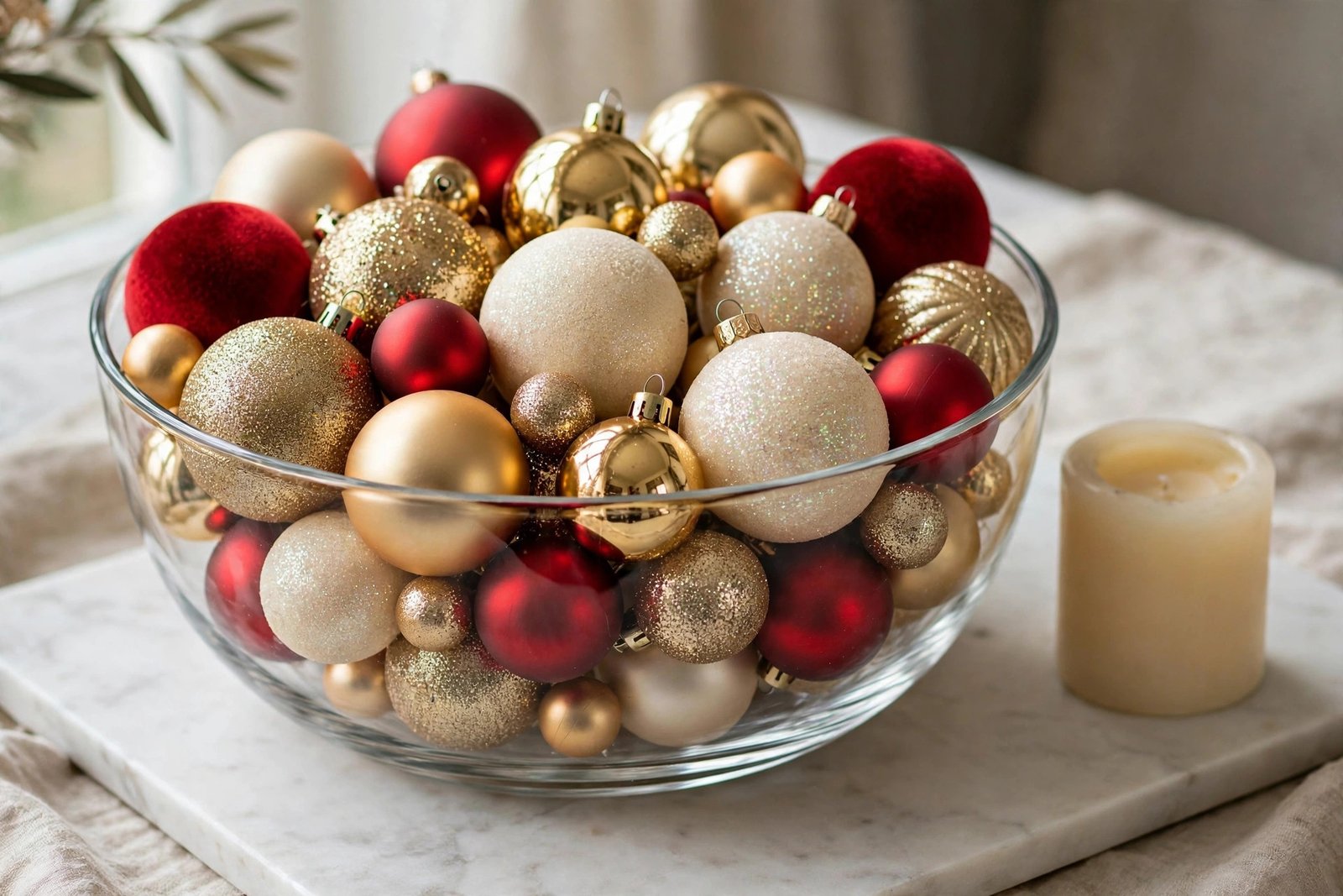 Glass bowl of red, gold, and cream ornaments on a marble tray