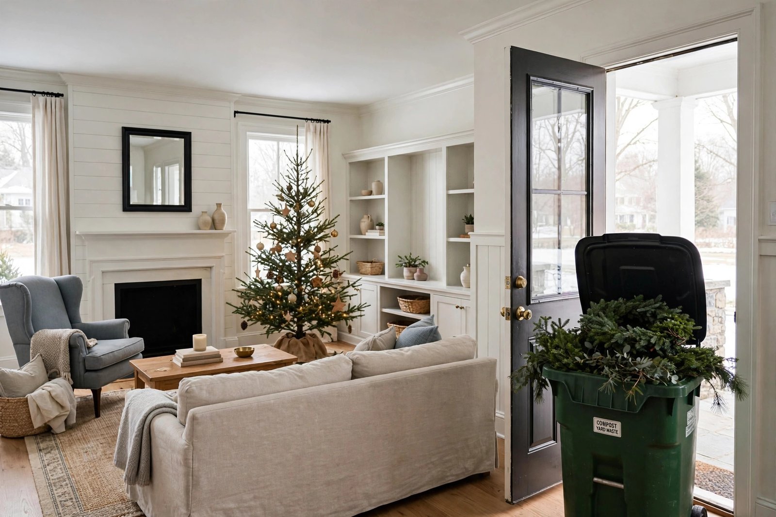 Living room in the middle of a staged Christmas take-down