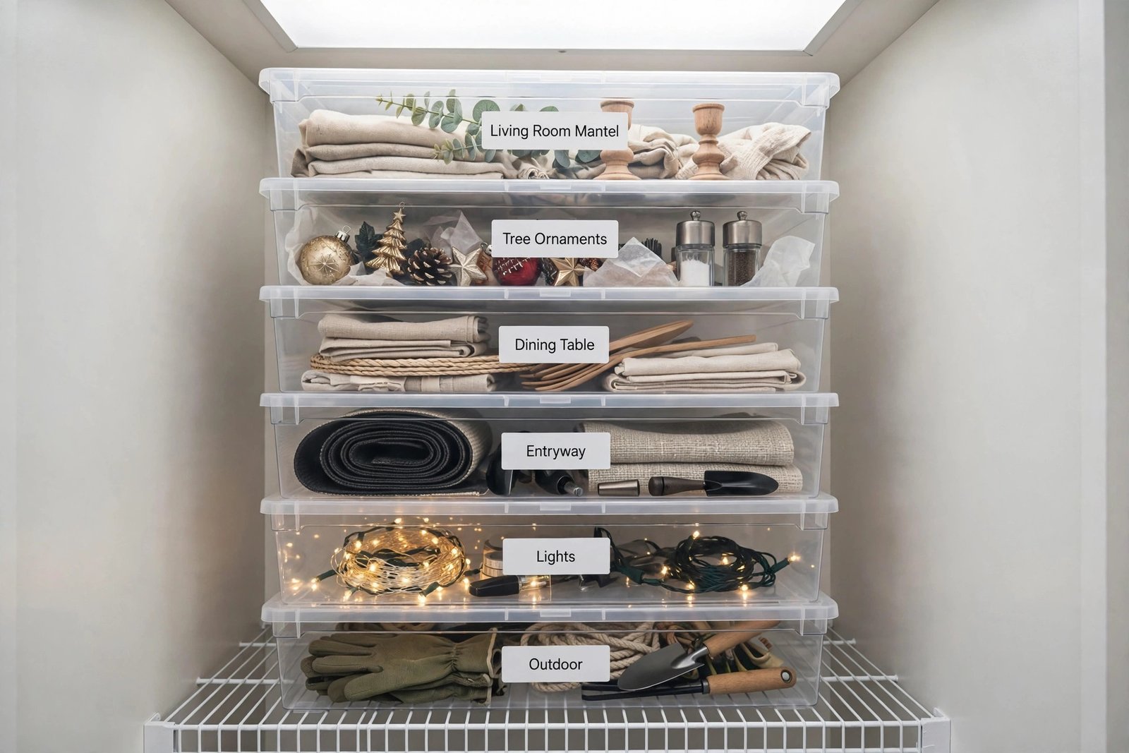 Clear storage bins labeled by room for Christmas decor