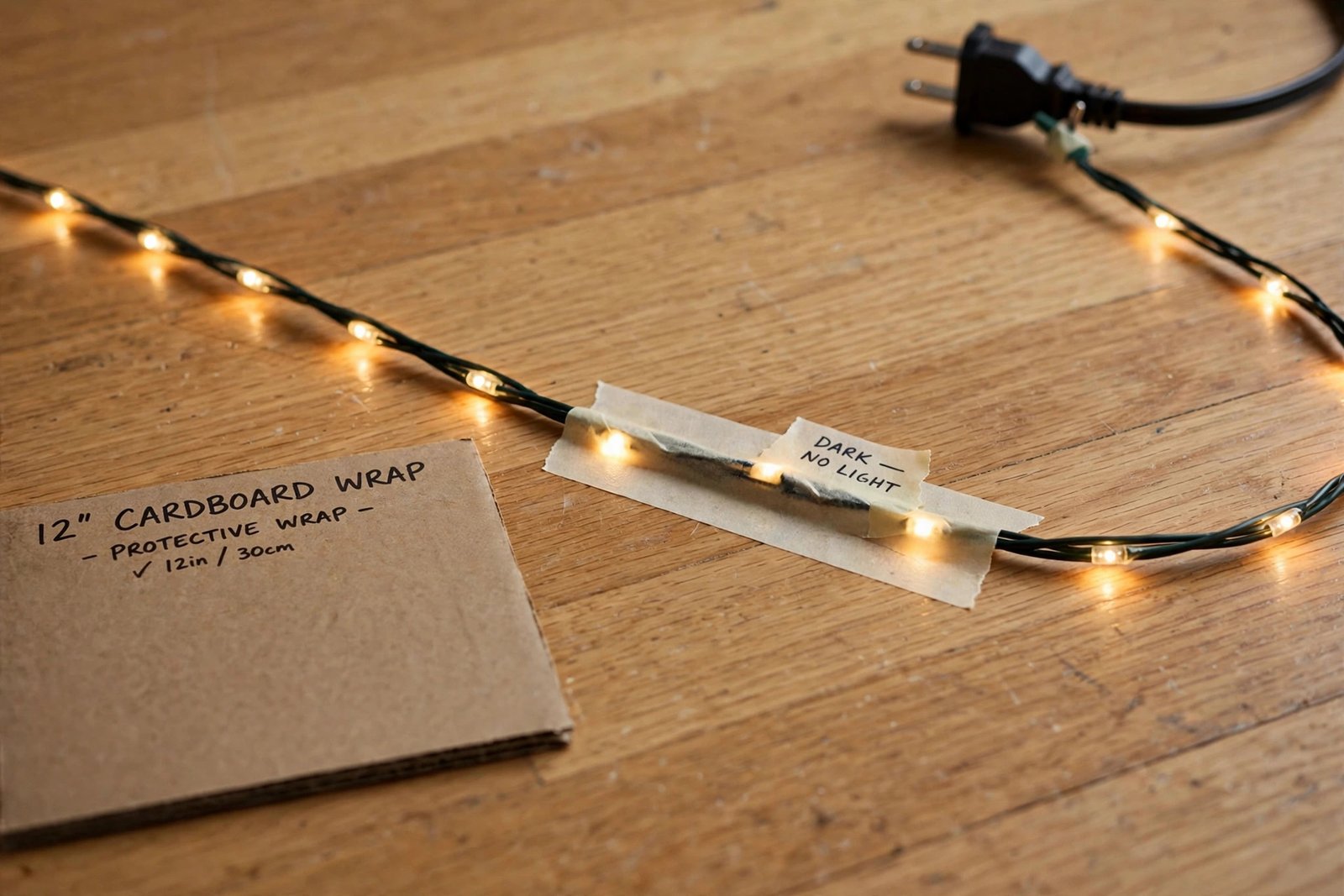 Testing a Christmas light strand and marking a dead section with tape
